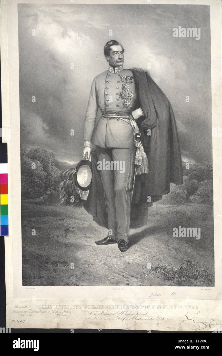 his Excellency Johann Baron Kempen von Fichtenstamm Imperial and Royal  field marshal lieutenant Inspector General of the police, Head of the  Colonel Police Department etc. etc., lithograph by Adolf Dauthage based on