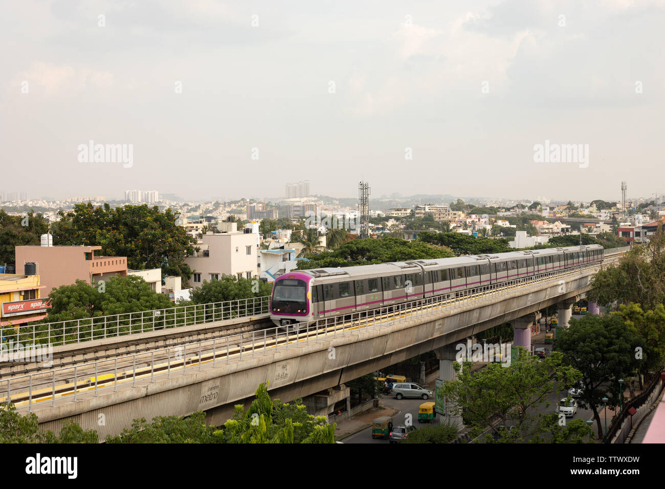 Bangalore, Karnataka India-June 01 2019 : Aerial View Bengaluru metro moving on the bridge near Vijaya Nagara, Bengaluru , India. Stock Photo
