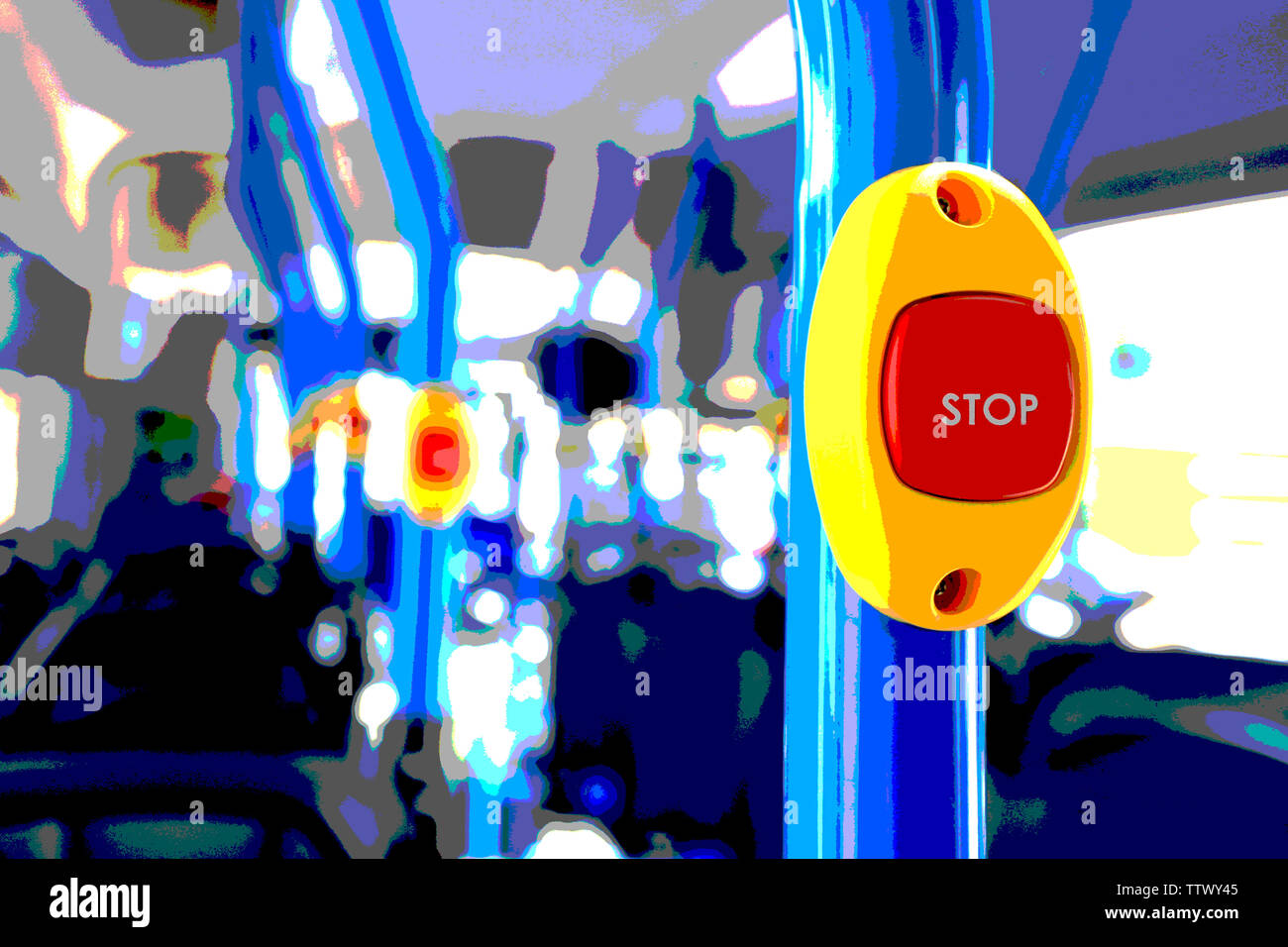 Stop button on a modern, colorful city bus close up. Filtered image. Stock Photo