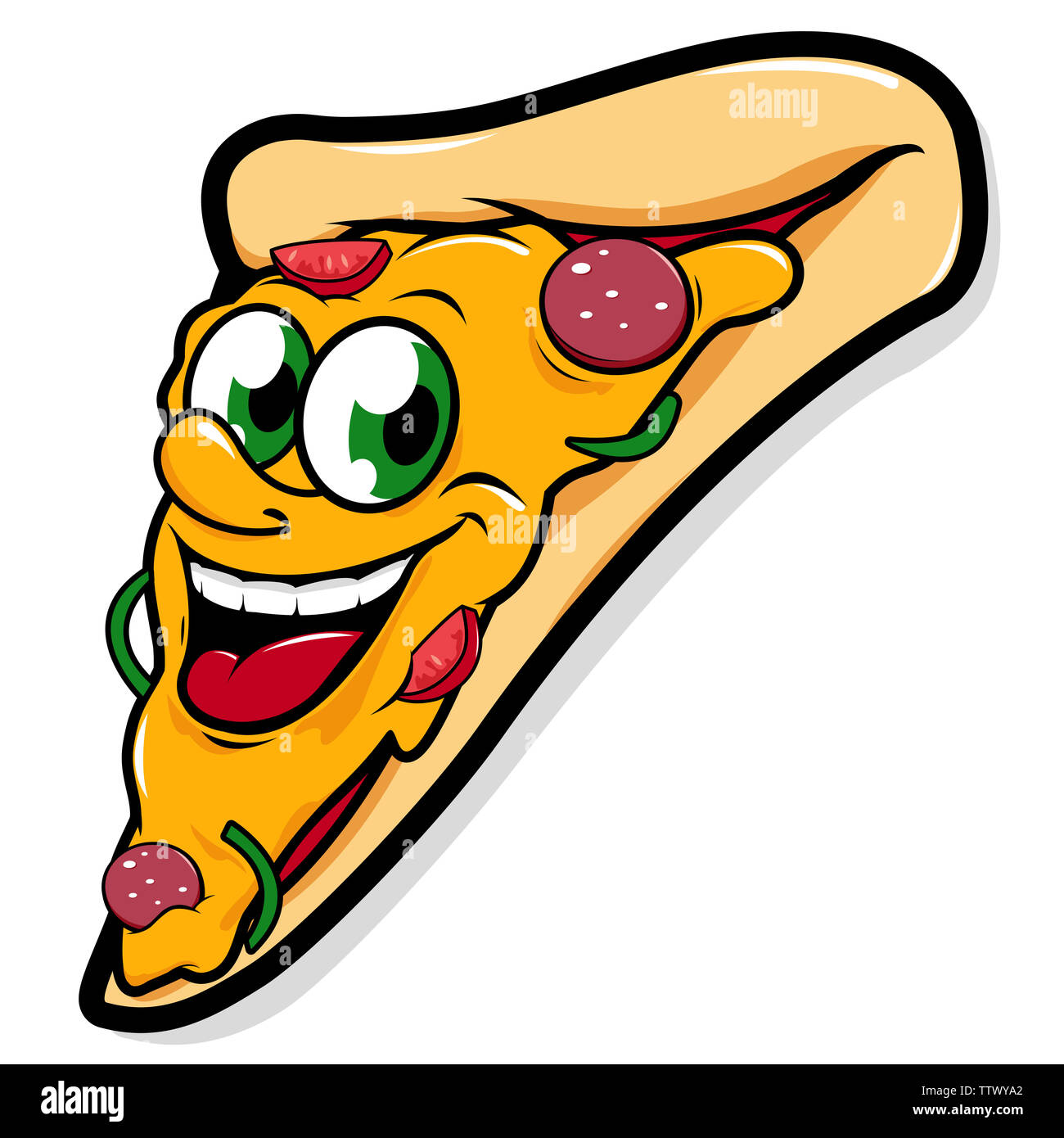 Illustration of a happy cartoon pizza slice character. Stock Photo
