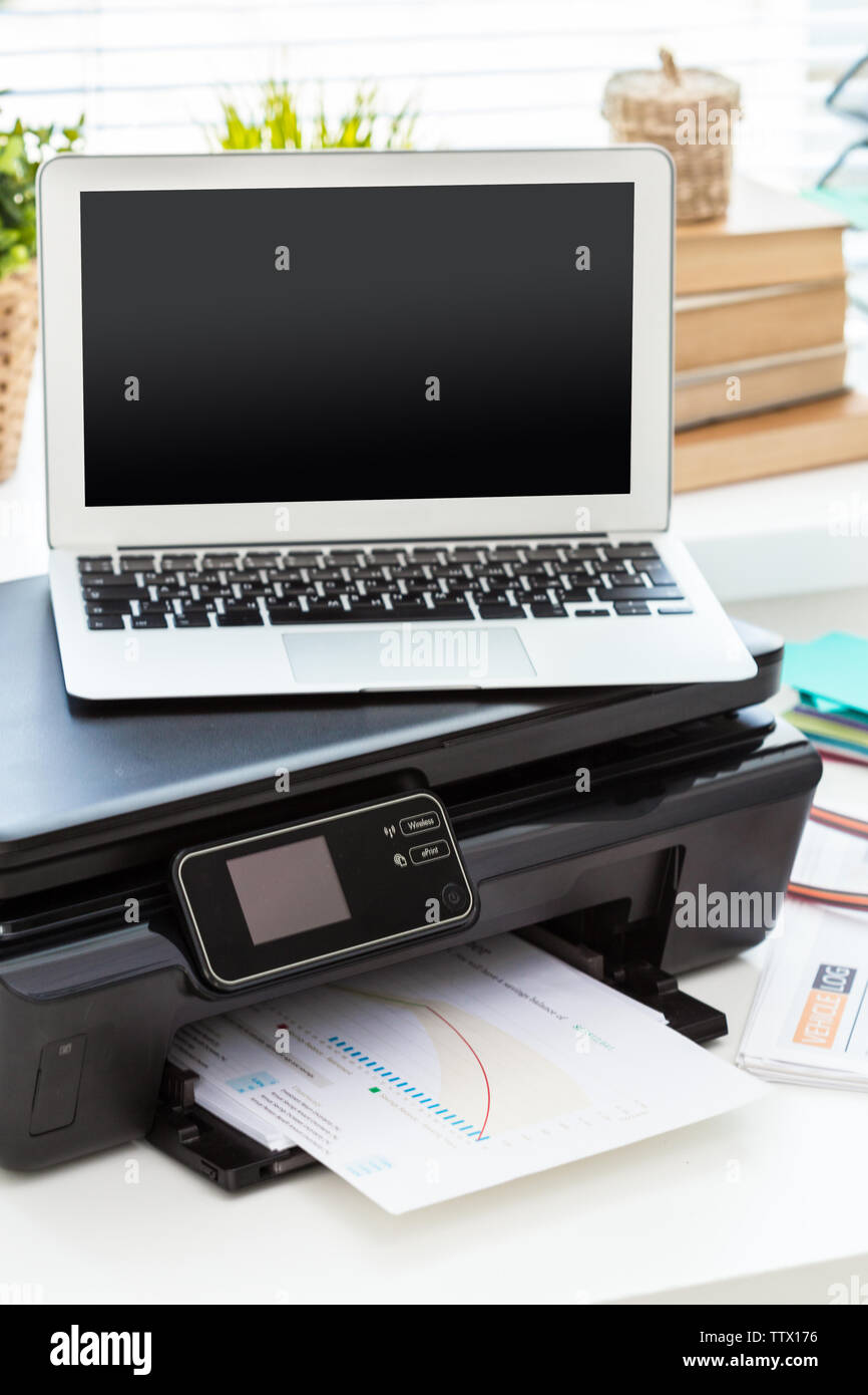 Printer and computer. Office table Stock Photo Alamy