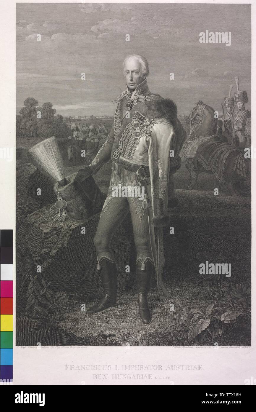 Francis II, Roman German Emperor, picture as Emperor of Austria in Hungarian uniform, steel engraving by Karl Rahl based on a painting by Johann Peter Krafft, Artist's Copyright has not to be cleared Stock Photo