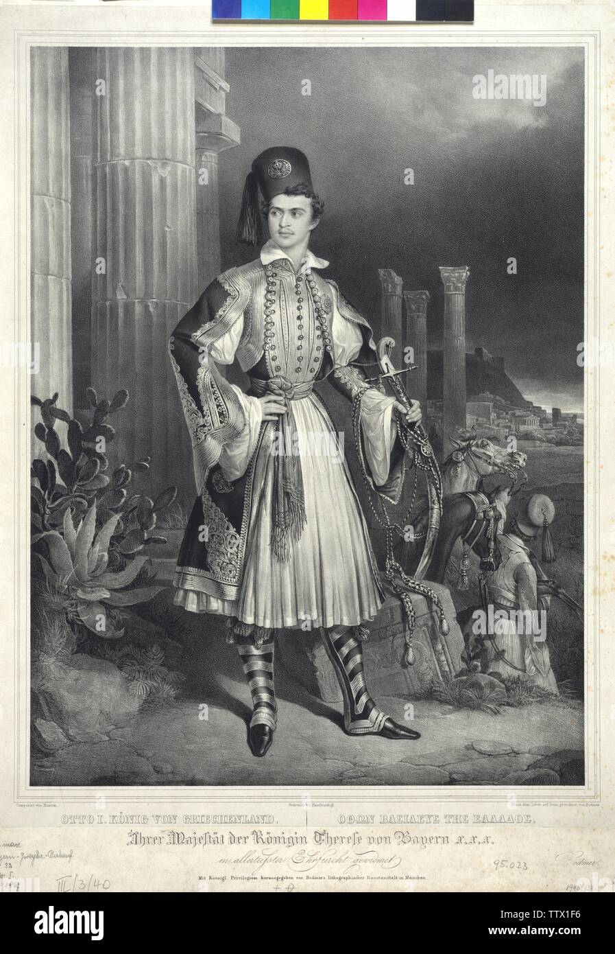 Otto I King of Greece, picture in national costume, lithograph by Gottlieb Bodmer based on a draft by Dietrich Monts, Additional-Rights-Clearance-Info-Not-Available Stock Photo