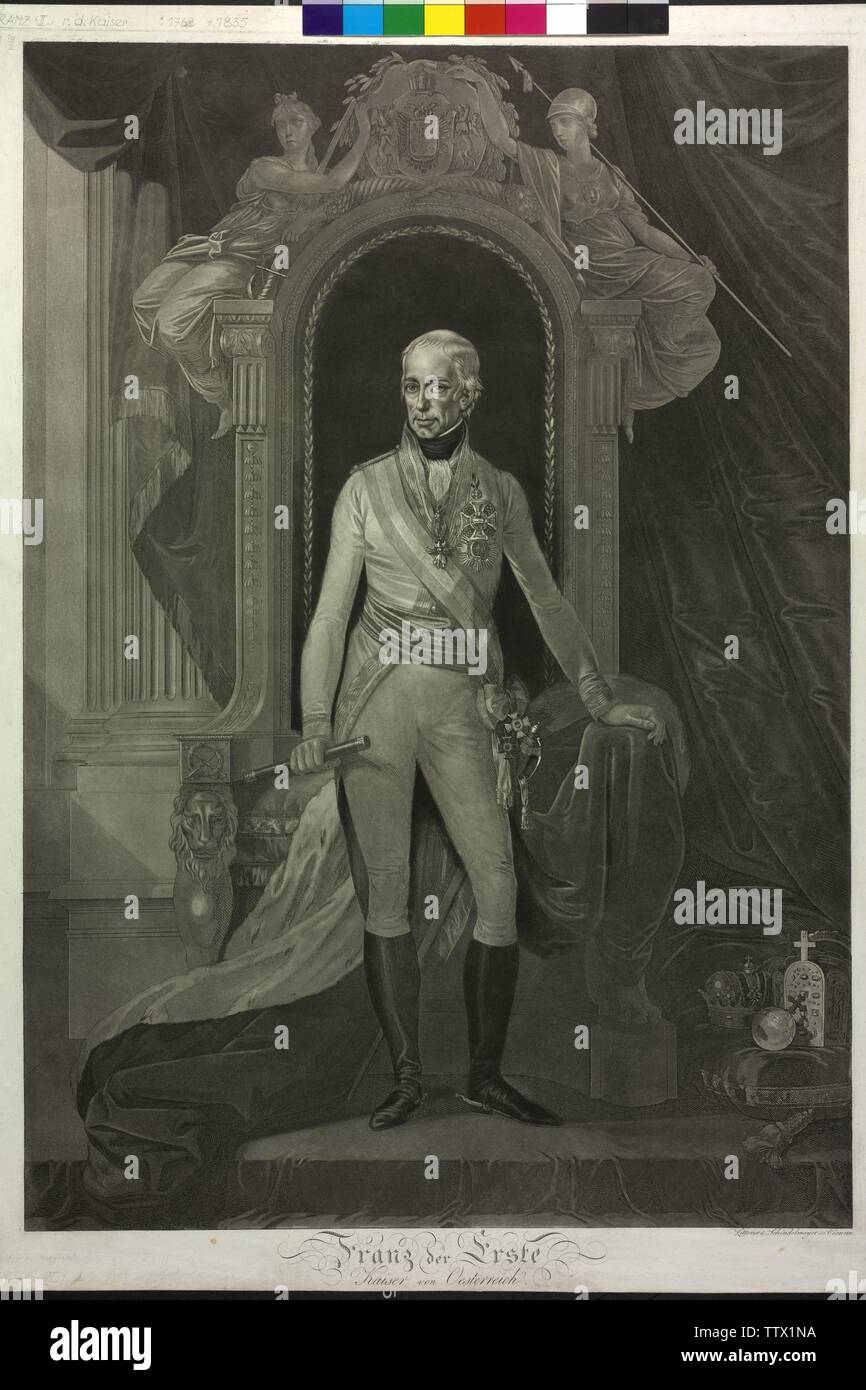 Francis II, Holy Roman Emperor, picture (full-length, standing, half on the left), aquatint by Johann Zitterer, together with Karl Robert Schindelmayer, Additional-Rights-Clearance-Info-Not-Available Stock Photo