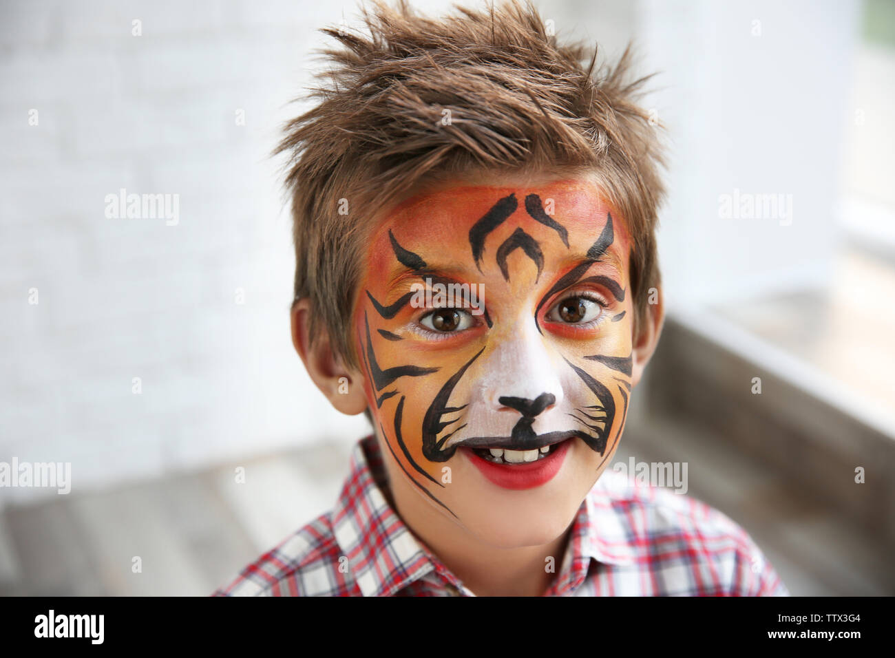 Cute little boy with aqua makeup of tiger muzzle Stock Photo - Alamy