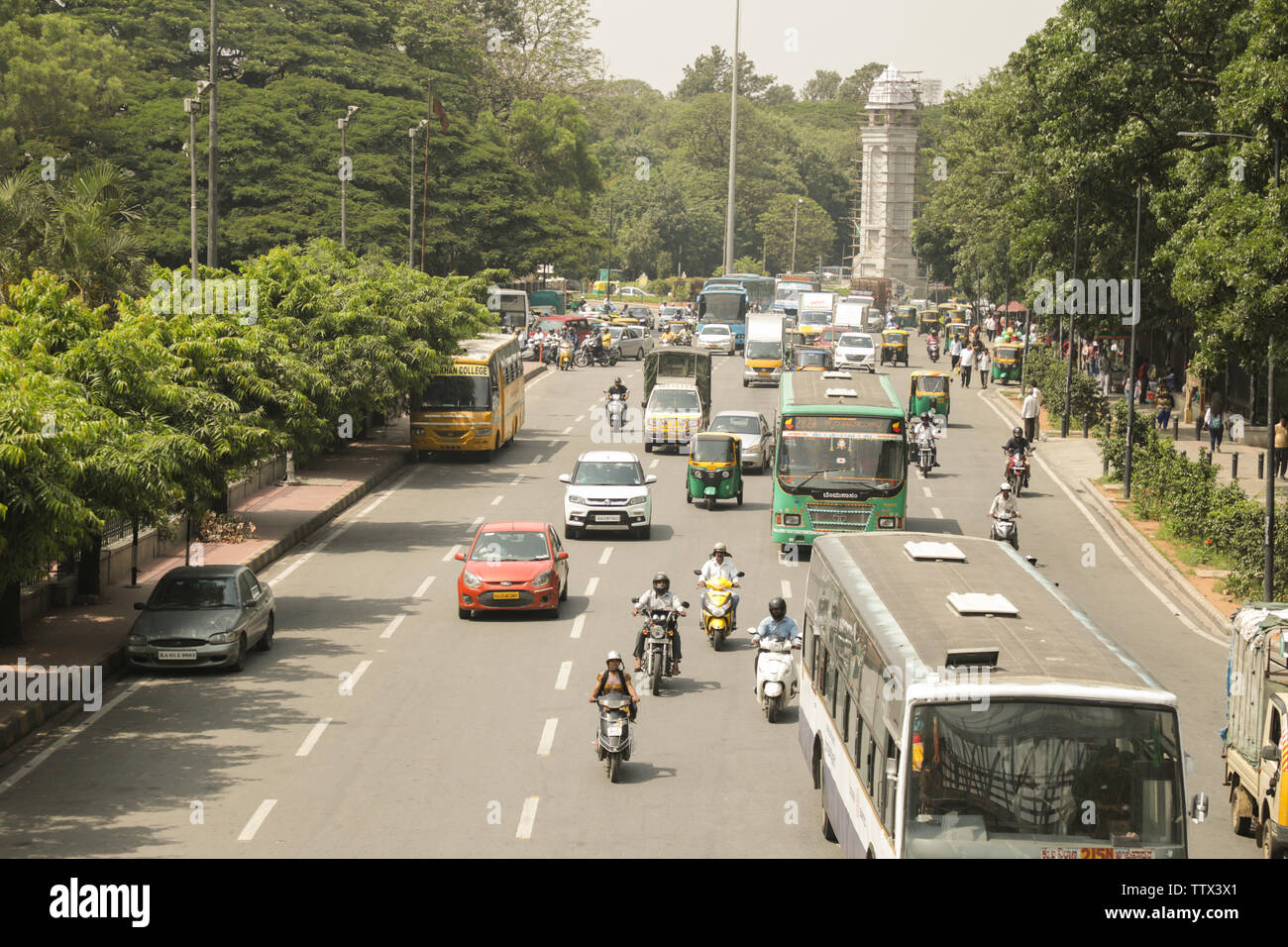 Bangalore, Karnataka India-June 04 2019 : Aerial View of five lane highway road with waiting vehicles near BBMP Bengaluru Office, Karnataka Stock Photo