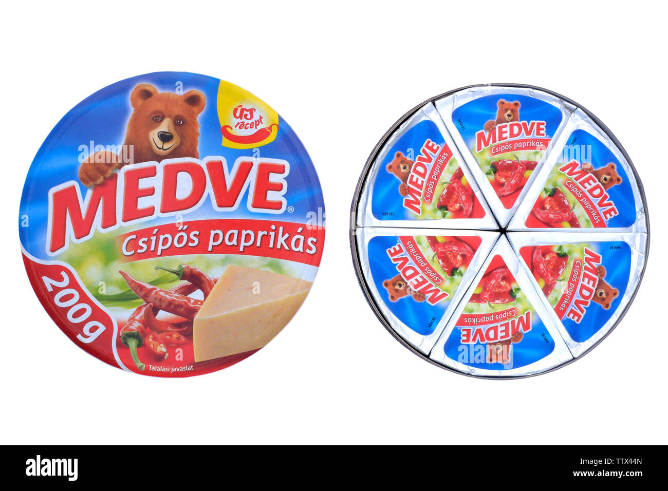 box of medve paprika flavoured cheese spread triangles cut out on white hungary Stock Photo