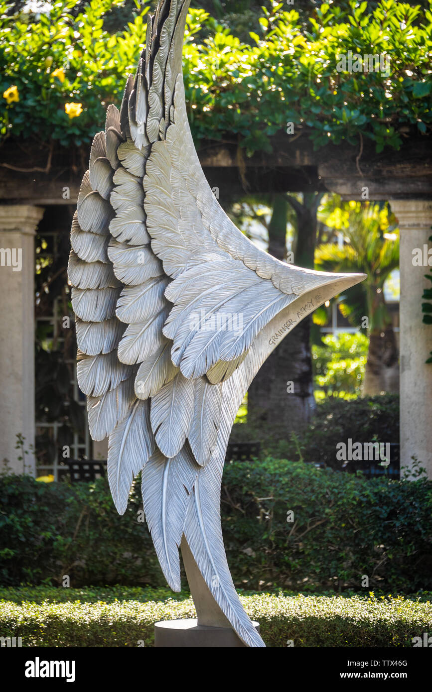 Recovery (2010) stainless steel sculpture by Grainger McKoy at the Society of the Four Arts' Philip Hulitar Sculpture Garden in Palm Beach, FL. (USA) Stock Photo