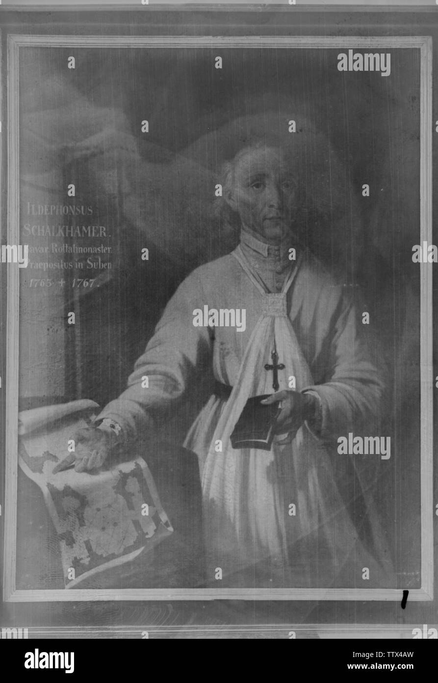 abbot Ildephonsus Schalkhamer, picture in white livery, prayer book in the left hand, right pointing on the outline of the new church, oil painting on canvas in the convent floor of the Augustinian abbey in Reichersberg, Upper Austria, Additional-Rights-Clearance-Info-Not-Available Stock Photo