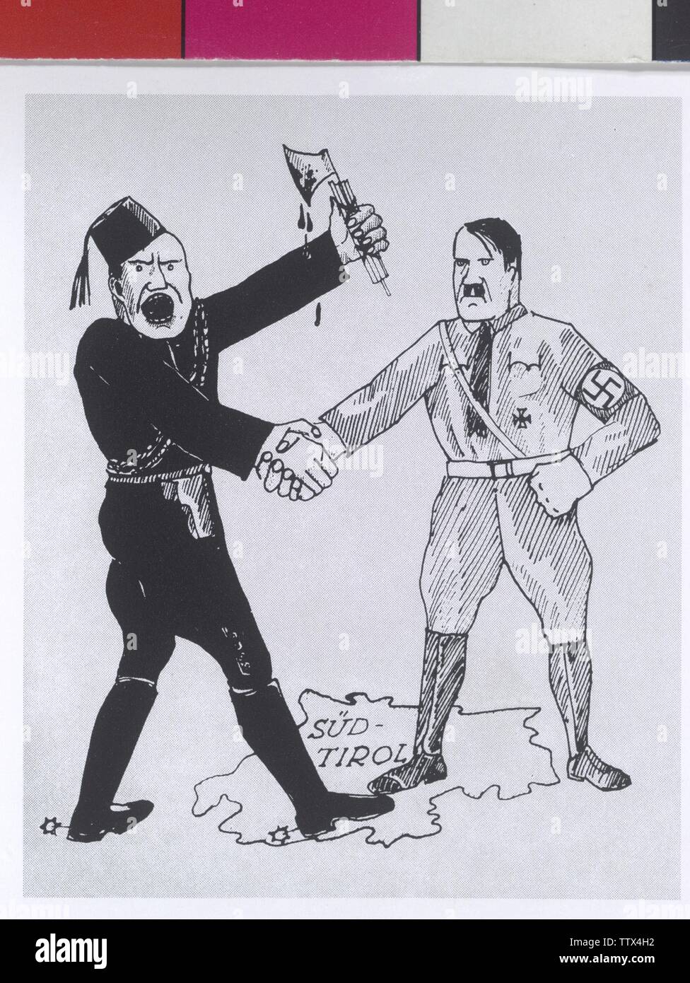 Mussolini, Benito and Hitler, Adolf, caricature on Mussolinis compromise with Hitler with respect to South Tyrol, print based on drawing, Additional-Rights-Clearance-Info-Not-Available Stock Photo