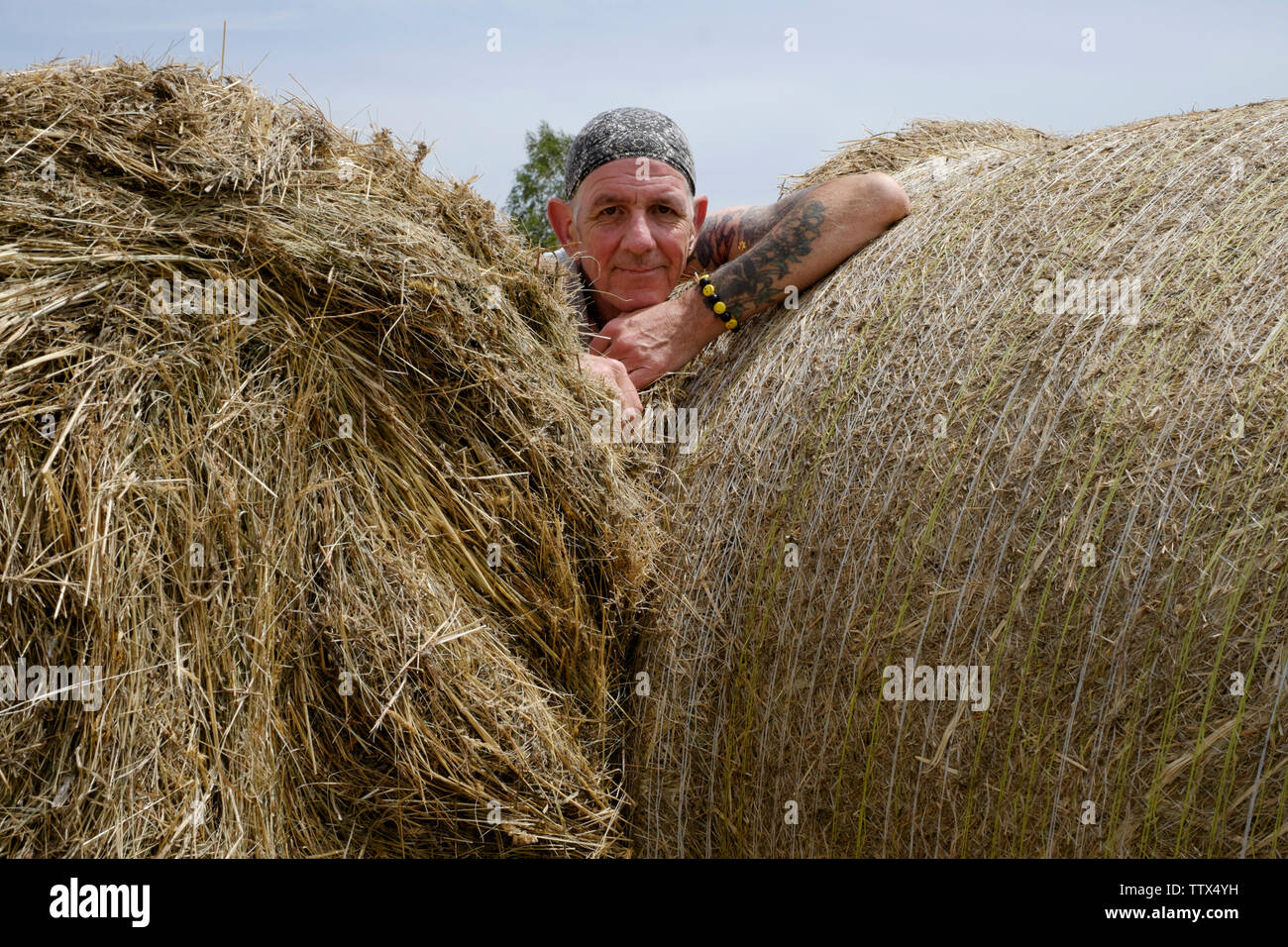 man standing amongst round hay bales while enjoying the hot summer sun in a rural area of zala county hungary Stock Photo