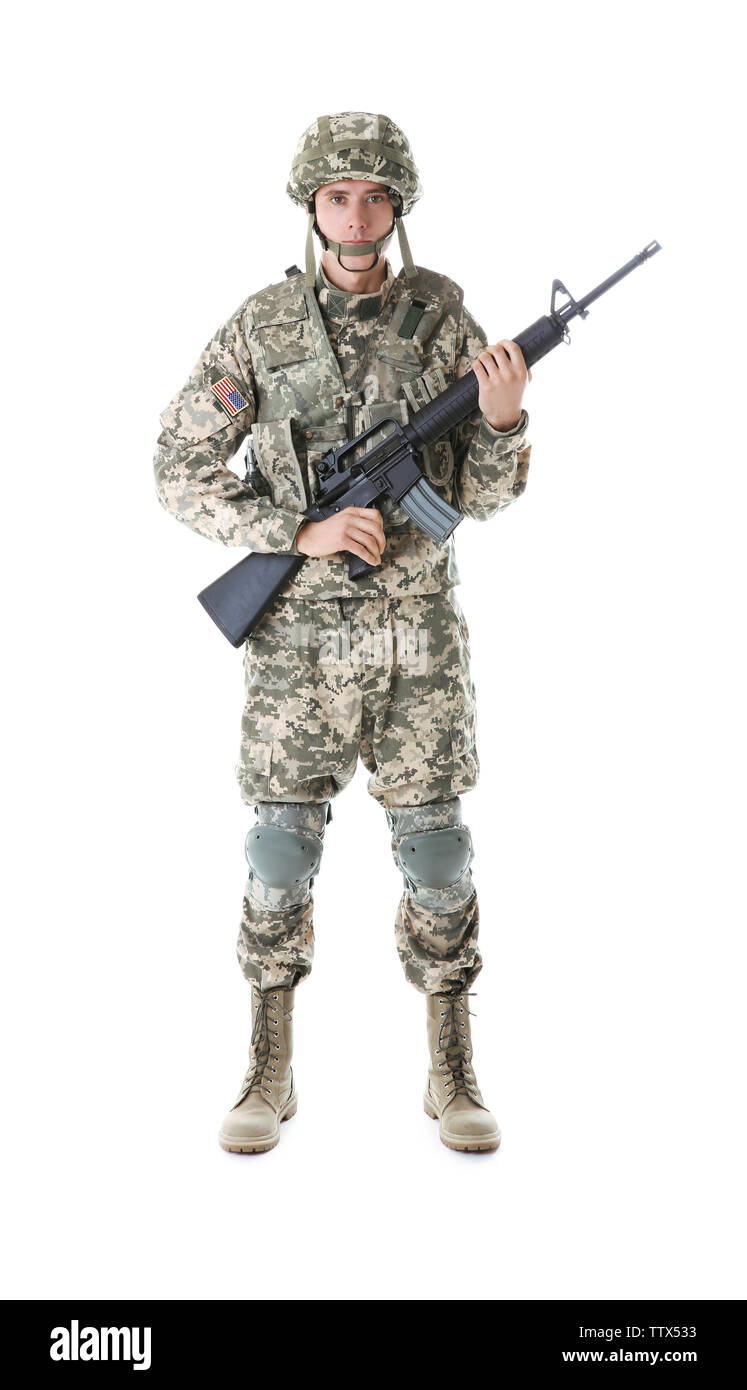 Soldier in camouflage holding rifle, isolated on white Stock Photo - Alamy