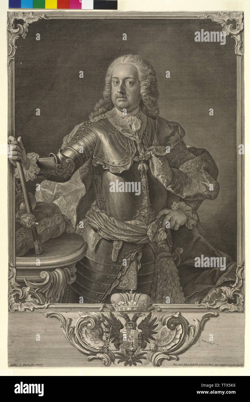 Francis I, Holy Roman Emperor, engraving by Philipp Andreas Kilian based on a painting by Martin van Meytens. coat of arms, Additional-Rights-Clearance-Info-Not-Available Stock Photo