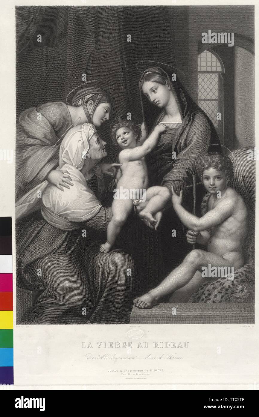Madonna dell' Impannata, painting by Raffaello Santi, portrayed in copper engraving / etching by Constant Lorichon based on a drawing by Jean Auguste Ingres, Additional-Rights-Clearance-Info-Not-Available Stock Photo
