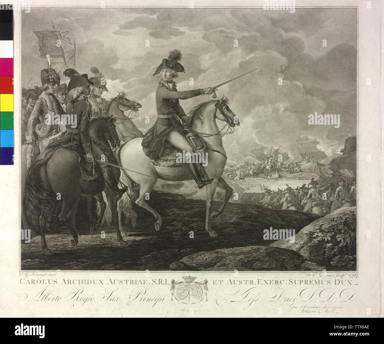 Archduke Karl of Austria in the battle of Wuerzburg, stipple engraving and etching by Franz Valentine Durmer based on an draft by Vinzenz Georg Kininger, Additional-Rights-Clearance-Info-Not-Available Stock Photo