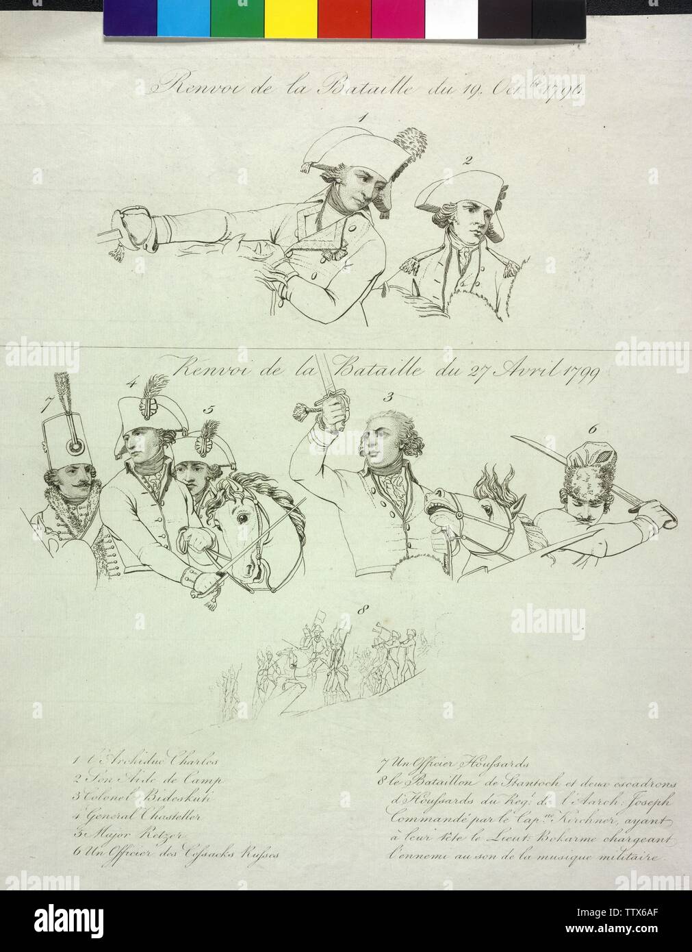 glossy person key to scenes from slaughtering of the first and second coalition war, in the garcon part of the sheet of an illustrated person key to a scene from the battle of Emmendingen, on 19.10.1796 (top): Archduke Karl in the battle. in the lower part of the sheet an illustrated person key to a scene in the battle at the Adda River, 25.-27.4.1799: general Johann Gabriel marquess Chasteler de Courcelles in the battle, on 27.4.1799. etching picture to the garcon person key page Pk 3003, 1050, Additional-Rights-Clearance-Info-Not-Available Stock Photo