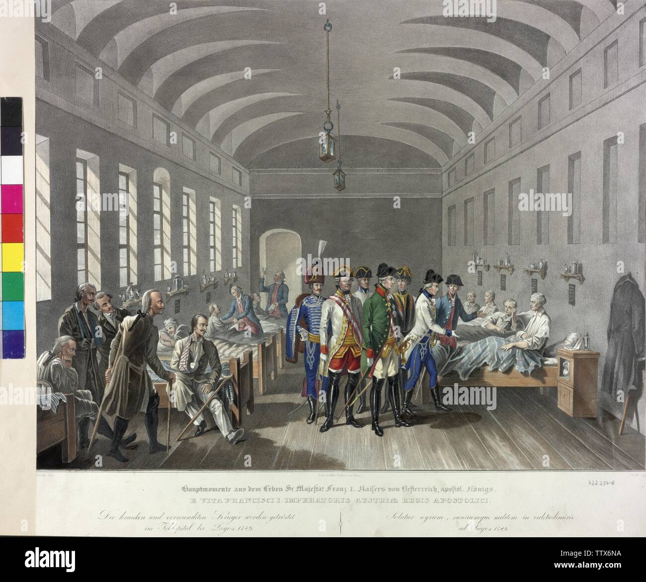 visitation in the field hospital near Lugoj 1789, Archduke Franz visiting the casualties in the field hospital of Lugoj in the Banat (Hungarian 'Lugos'), lithograph by Franz Wolf based on a template by Johann Nepomuk Hoechle, from the series 'Hauptmomente aus dem Leben Sr. Majestät Franz I.', Additional-Rights-Clearance-Info-Not-Available Stock Photo