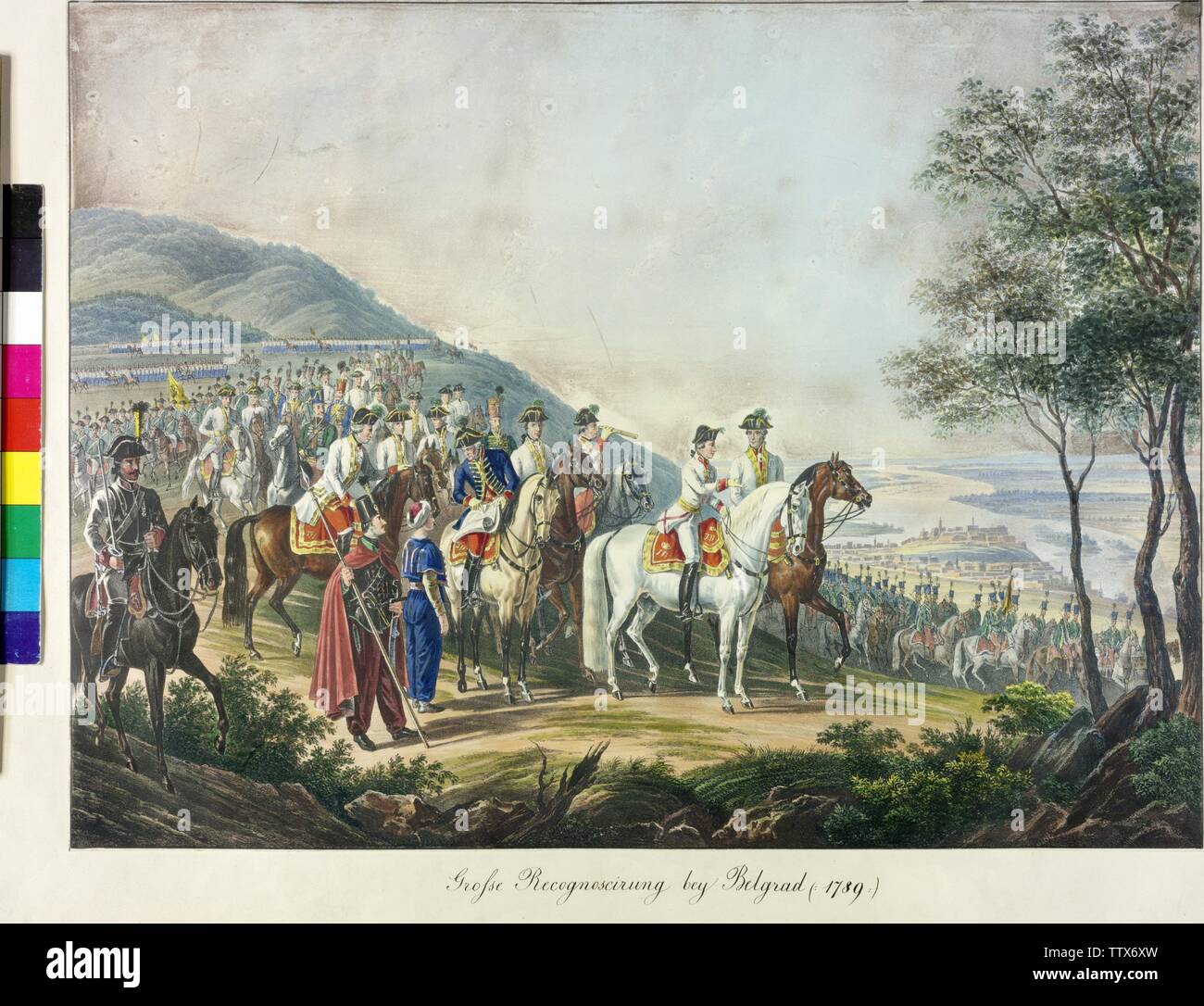 siege of Belgrade 1789, Archduke Franz, The later Emperor Franz II / I, moves together with Field Marshal General baron Laudon at the top of the army from mount Avala against Belgrade, lithograph by Franz Wolf based on a template by Johann Nepomuk Hoechle, from the series 'Hauptmomente aus dem Leben Sr. Majestät Franz I.', Additional-Rights-Clearance-Info-Not-Available Stock Photo