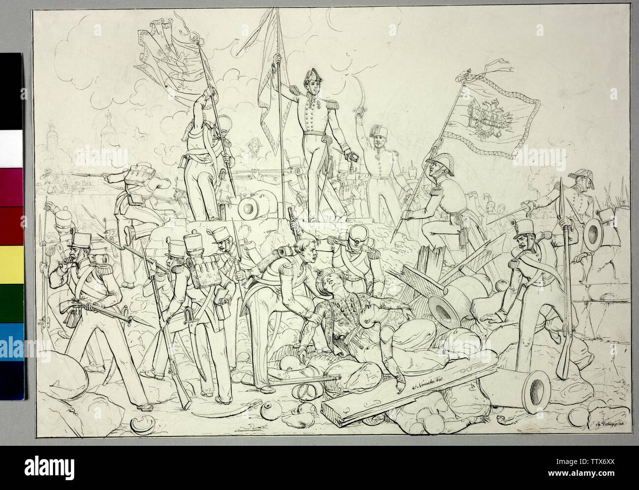 conquest of Saida (Sayda, Syria), 26.9.1840: Archduke Frederick with the flag on the breach. pen drawing by Johann Dallinger von Dalling, signed and dated 4.11.1840, Additional-Rights-Clearance-Info-Not-Available Stock Photo