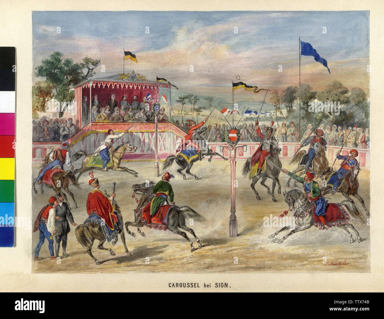 carousel on Corfu to honour of empress Elisabeth, showing a carousel, a 'Ringelstechen' or ringriding. several equestrian in Greek respectively oriental costume try unite little ring in the gallop with a lance to pick. as audience member in a with flags and coat of arms adorned box: empress Elisabeth (in the white dress), probably Archduke Maximilian (behind her standing), adjutant general Karl Ludwig count Gruenne (in the centre) and further details retinue. The riding arena is decorated with the Bavarian and Austrian colours (flags, coat of arm, Additional-Rights-Clearance-Info-Not-Available Stock Photo