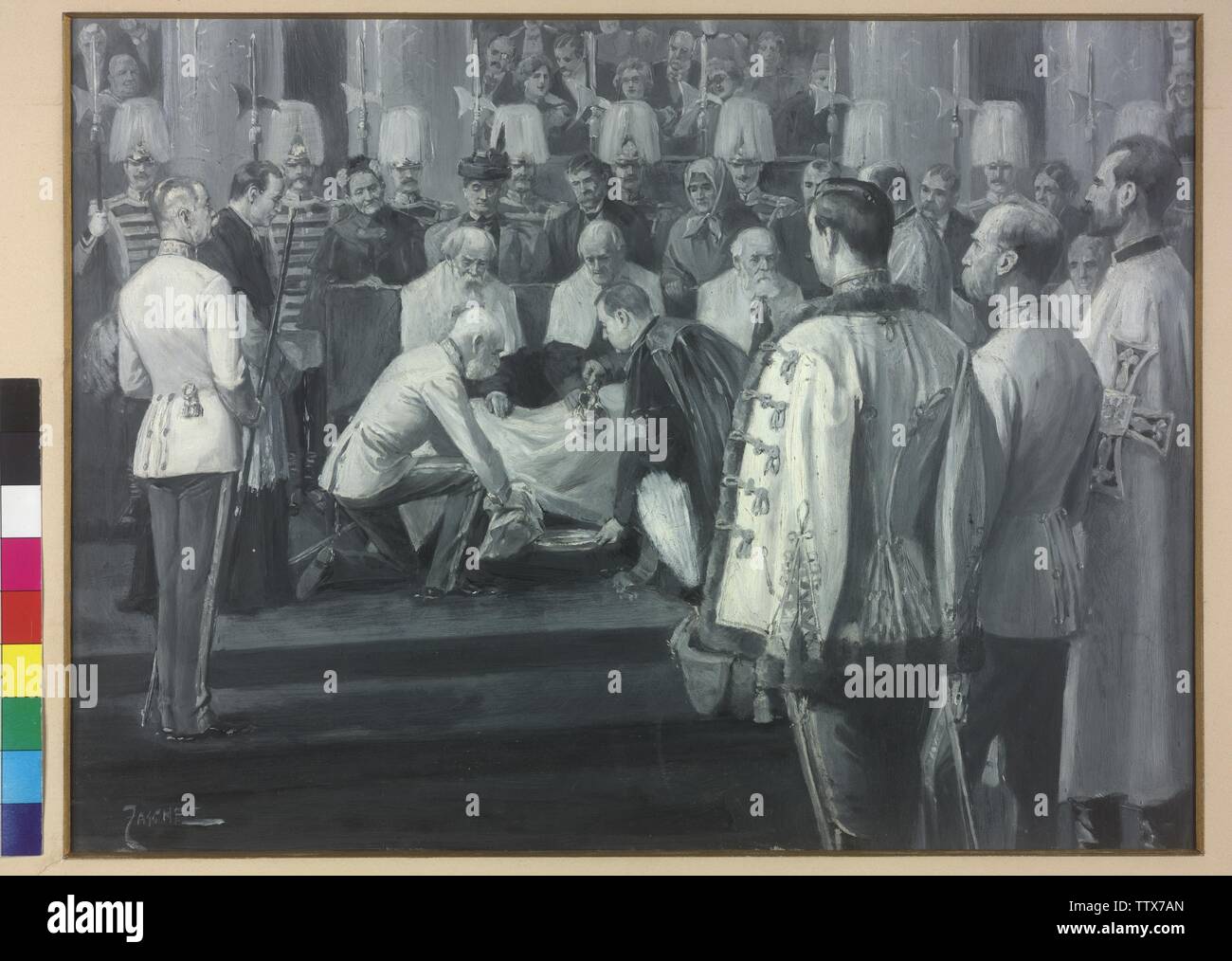 ceremony of the foot washing, Emperor Franz Joseph I taking in the Ceremonial Hall of the Hofburg Palace at twelve greisen the Maundy Thursday foot washings in front of left-wing standing of the first Hofmeister Rudolf prince to Liechtenstein, on the right the Archdukes Otto, Ludwig Victor and Eugene painting in grey with highlights in Weiss (grisaille painting) von Thodor Zasche, signed 'ZASCHE', oil on cardboard box, in passe-partout rimmed sketch outs to: Max hearted (publisher.): 'Viribus unitis. Das Buch vom Kaiser', Budapest, Vienna, Leipzi, Additional-Rights-Clearance-Info-Not-Available Stock Photo