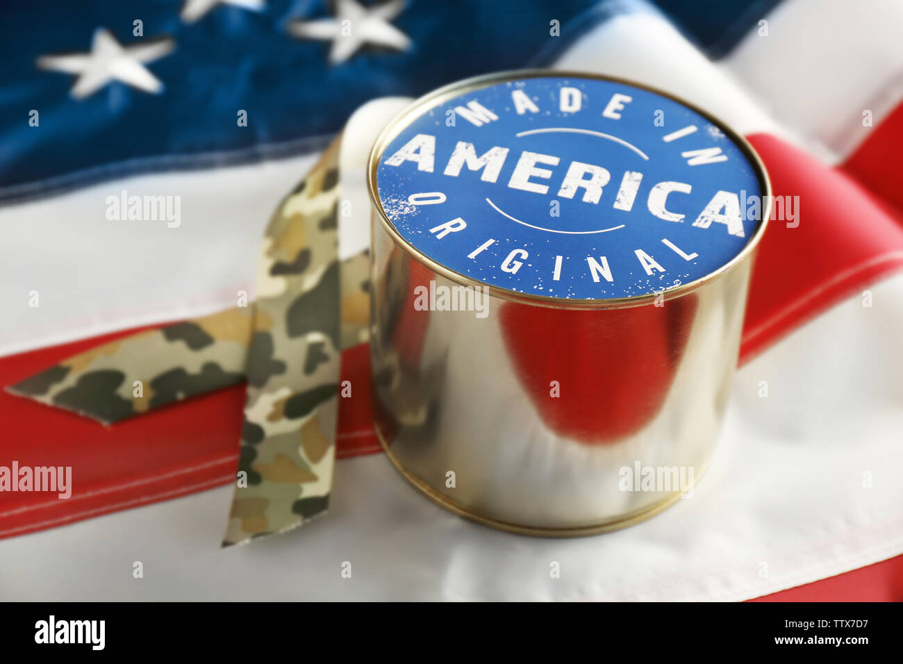 Canned food on American flag. Made in America Stock Photo Alamy