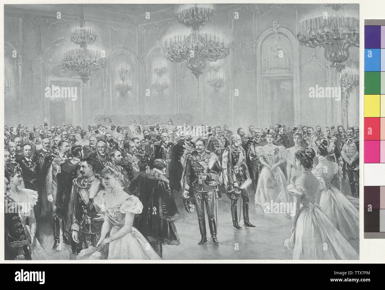 reception at court in the ocassion of the visitation of Emperor Wilhelm II,  reception in the Ofen Castle on 20.9.1897. photoengraving based on painting  by Artur Lajos Halmi from briefcase: "Kaiserbilder", literary