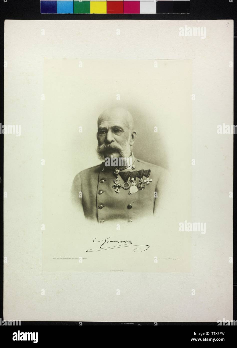 Franz Joseph I, Emperor of Austria, picture uniformed, with fleece and little vestment. photoengraving of the Imperial and Royal military geographical institute based on photography by Carl Pietzner. facsimile of the signature (in briefcase with photoengravings based on photograph from different members of the imperial house), Additional-Rights-Clearance-Info-Not-Available Stock Photo