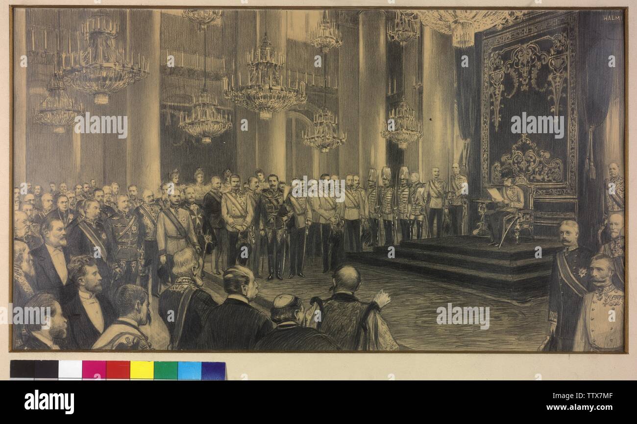 solemn opening of the Imperial Assembly by Emperor Franz Joseph I 1897, Emperor Franz Joseph I call out in the Ceremonial Hall of the Hofburg Palace the speech from the throne in the ocassion of the opening of the XII session of the Imperial Assembly on 29.3.1897 pencil drawing on cardboard by Arthur Lajos Halmi, autographed in Passepartout mounted sketch outs to: Max hearted (publisher.): 'Viribus unitis. Das Buch vom Kaiser', Budapest, Vienna Leipzig: publishing house Max Herzig, page 30-31 (there precise person key), Additional-Rights-Clearance-Info-Not-Available Stock Photo