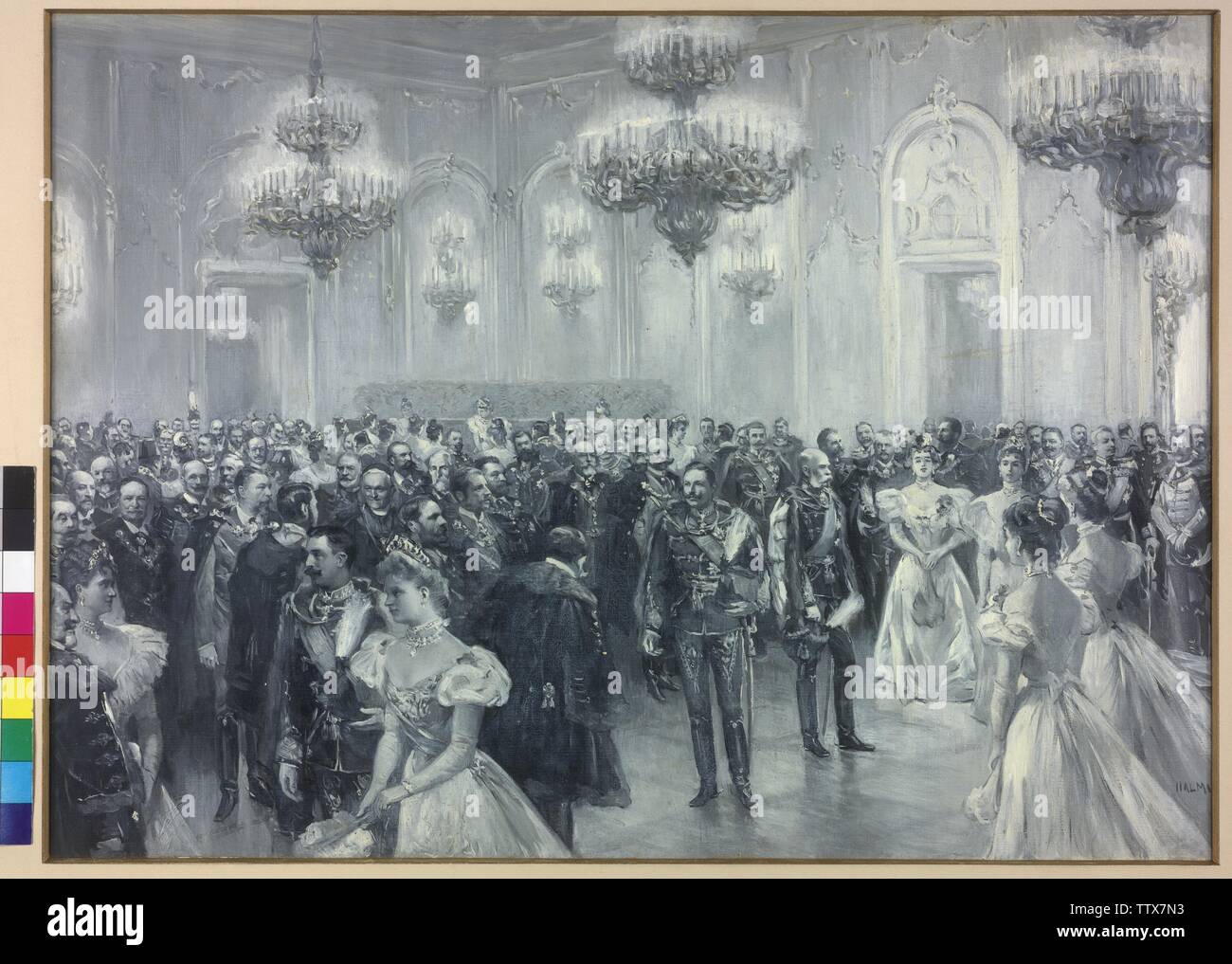 reception at court in the ocassion of the visitation of Emperor Wilhelm II  in Budapest 1897, soiree in the von Castle Ofen on 20.9.1897, Emperor  Wilhelm II and Emperor Franz Joseph zwischen