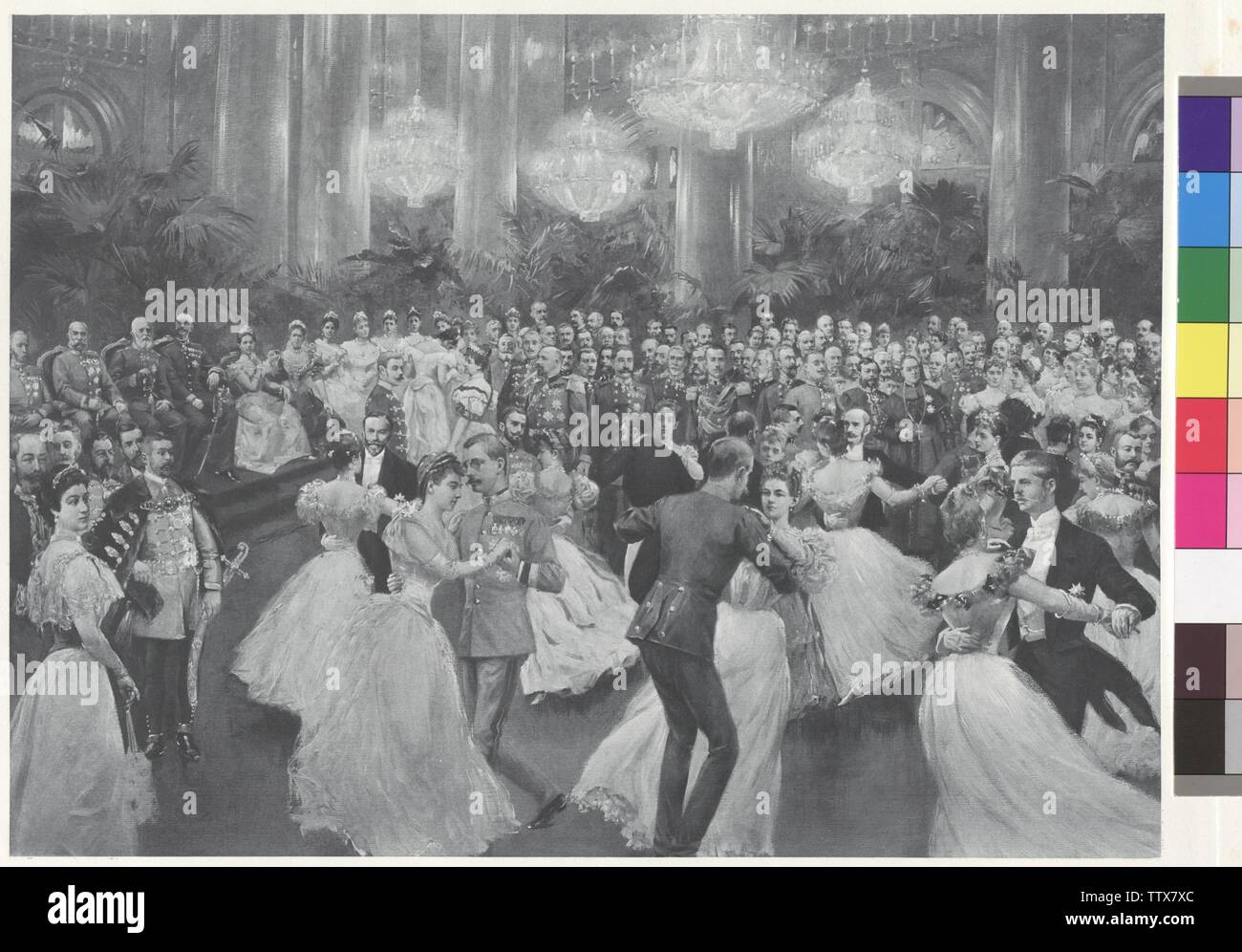ball at court - end of the quadrille, court ball in the Hofburg Palace in Vienna, Ceremonial Hall, figure code available. photoengraving based on painting by Wilhelm Gause (?) by briefcase: 'Kaiserbilder', literary institute cosmos, Vienna-Leipzig-Budapest (briefcase with 28 heliogravures based on paintings), Additional-Rights-Clearance-Info-Not-Available Stock Photo