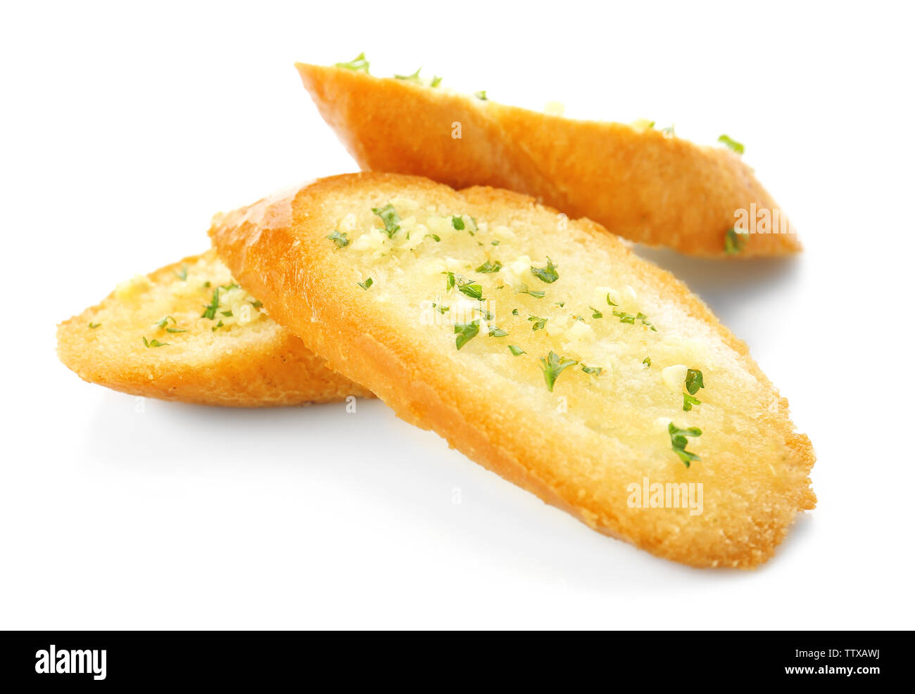 Garlic French bread slices isolated on white Stock Photo Alamy