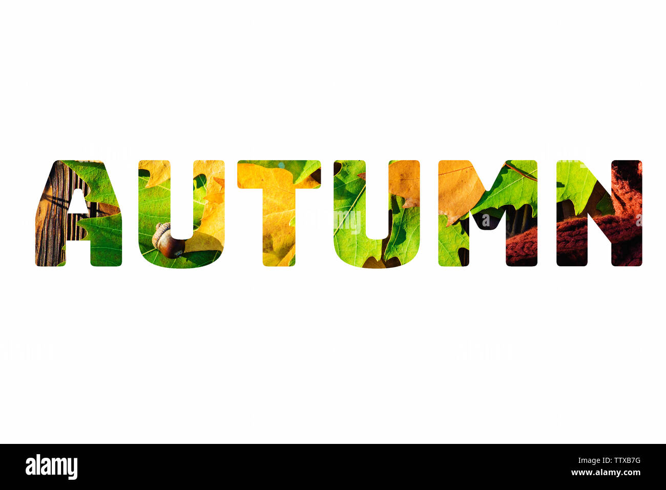 Word 'Autumn' made of fall leaves, wood and scarf isolated on white. Stock Photo