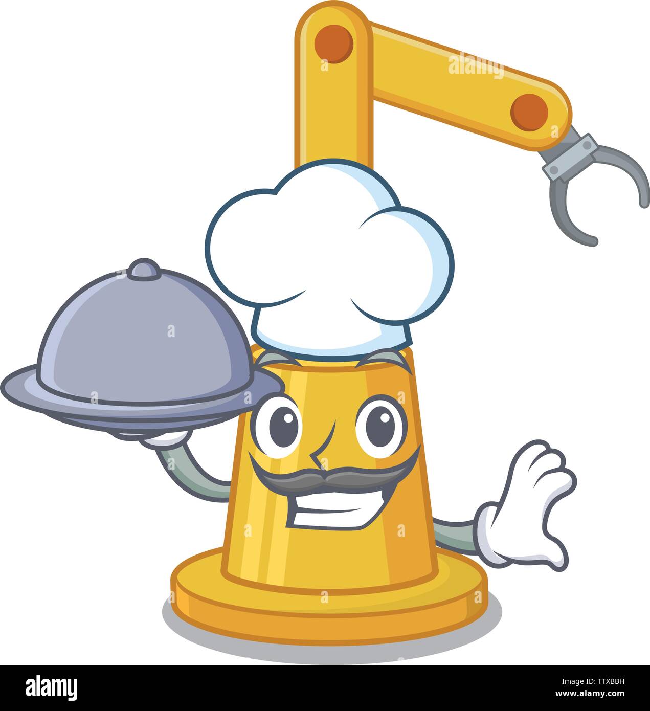 Chef with food assembly automation machine in character table Stock ...