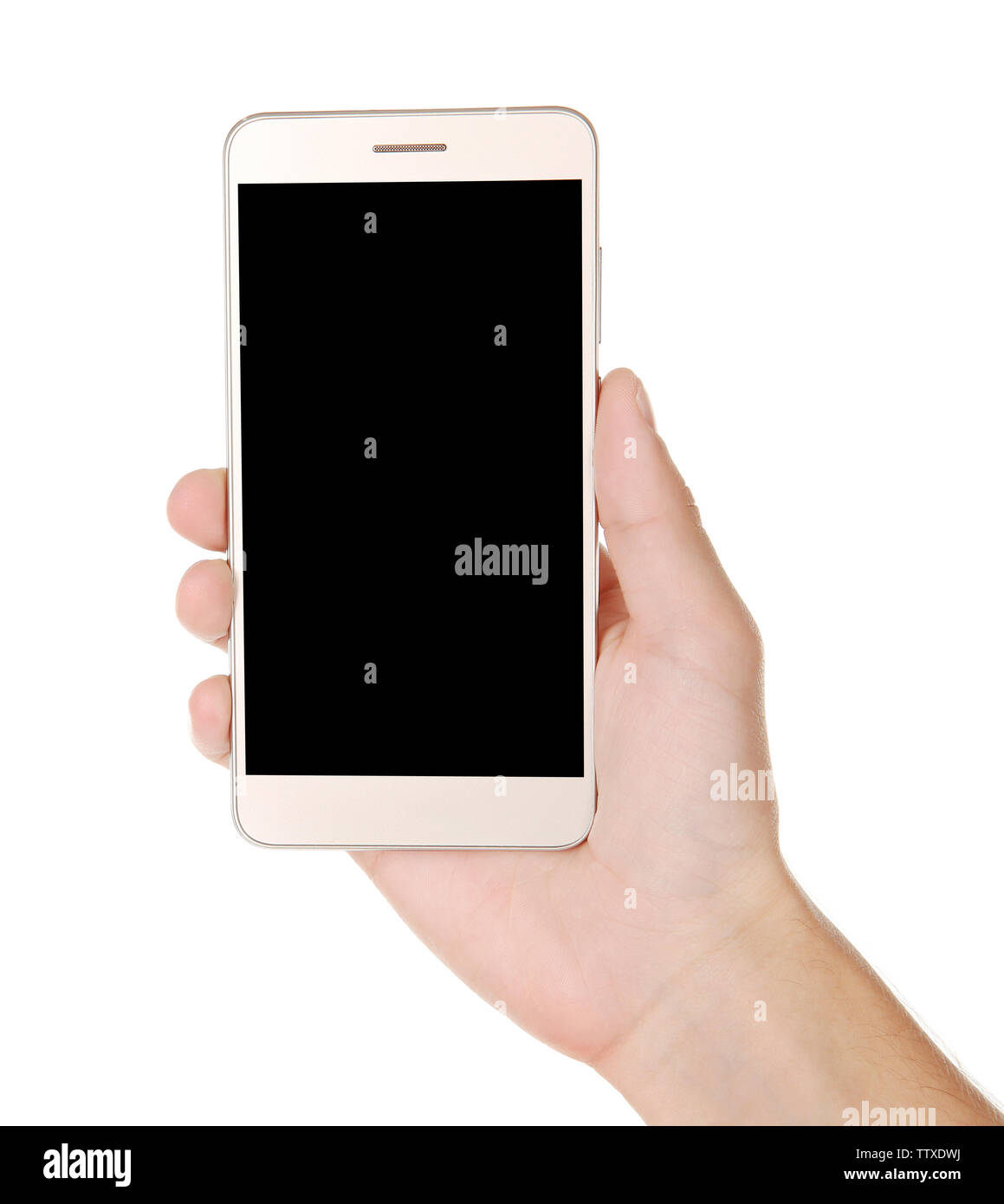 Hand holding smart phone on white background Stock Photo - Alamy