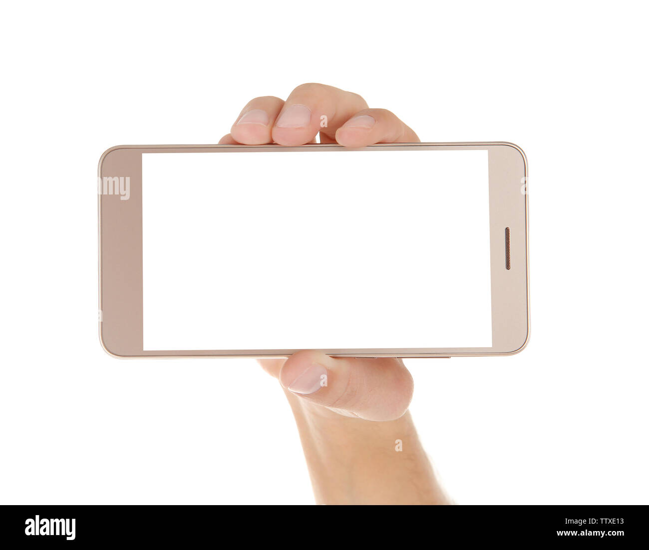 Hand holding smart phone on white background Stock Photo - Alamy