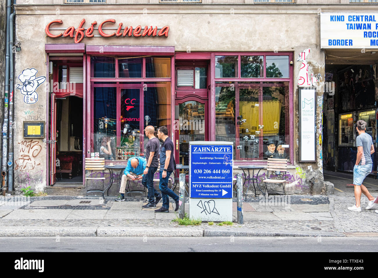 Cafe Cinema, formerly Cafe Kino.Movie themed cafe & bar with movie posters & memorabilia at entrance of Haus Schwarzenberg building.Mitte-Berlin Stock Photo