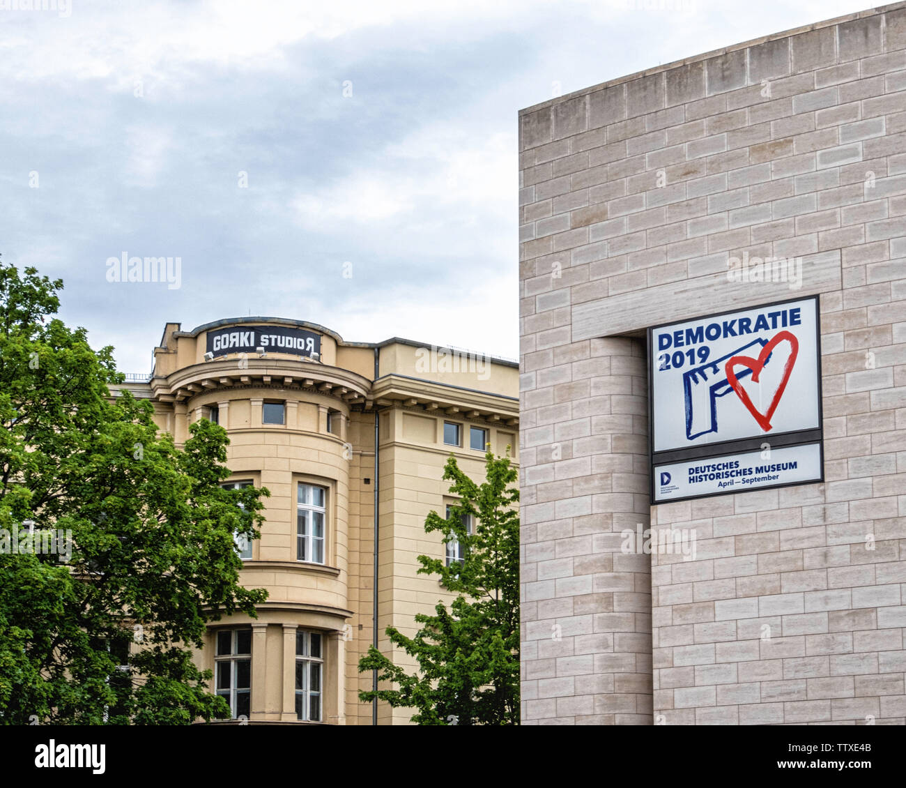 German Historical Museum & Gorki Studio R building In Mitte-Berlin. Sign for Democracy 2019 Exhibition on museum facade Stock Photo