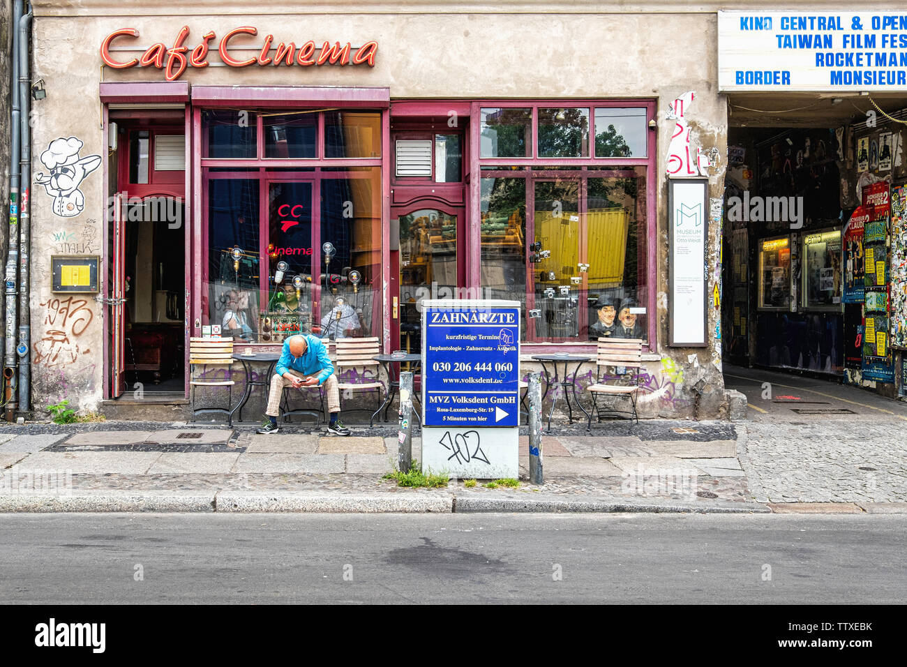 Cafe Cinema, formerly Cafe Kino.Movie themed cafe & bar with movie posters & memorabilia at entrance of Haus Schwarzenberg building.Mitte-Berlin Stock Photo