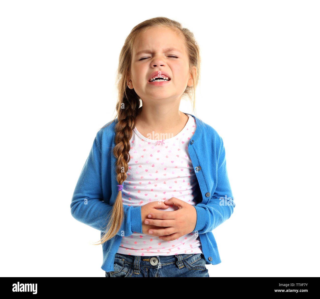 Cute little girl suffering from stomach ache, isolated on white Stock