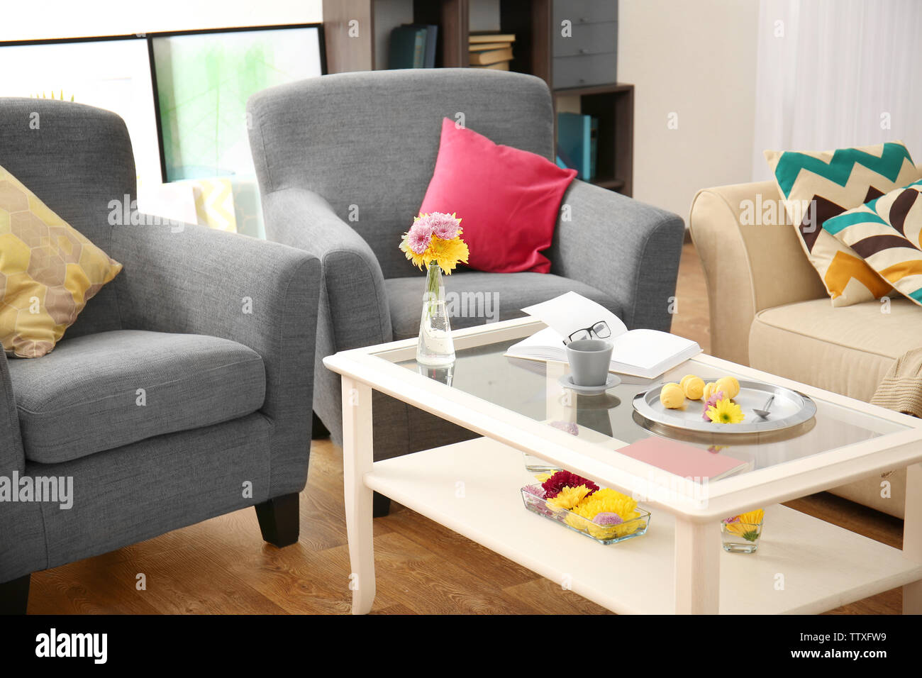 Modern living room with sofa and furniture Stock Photo Alamy