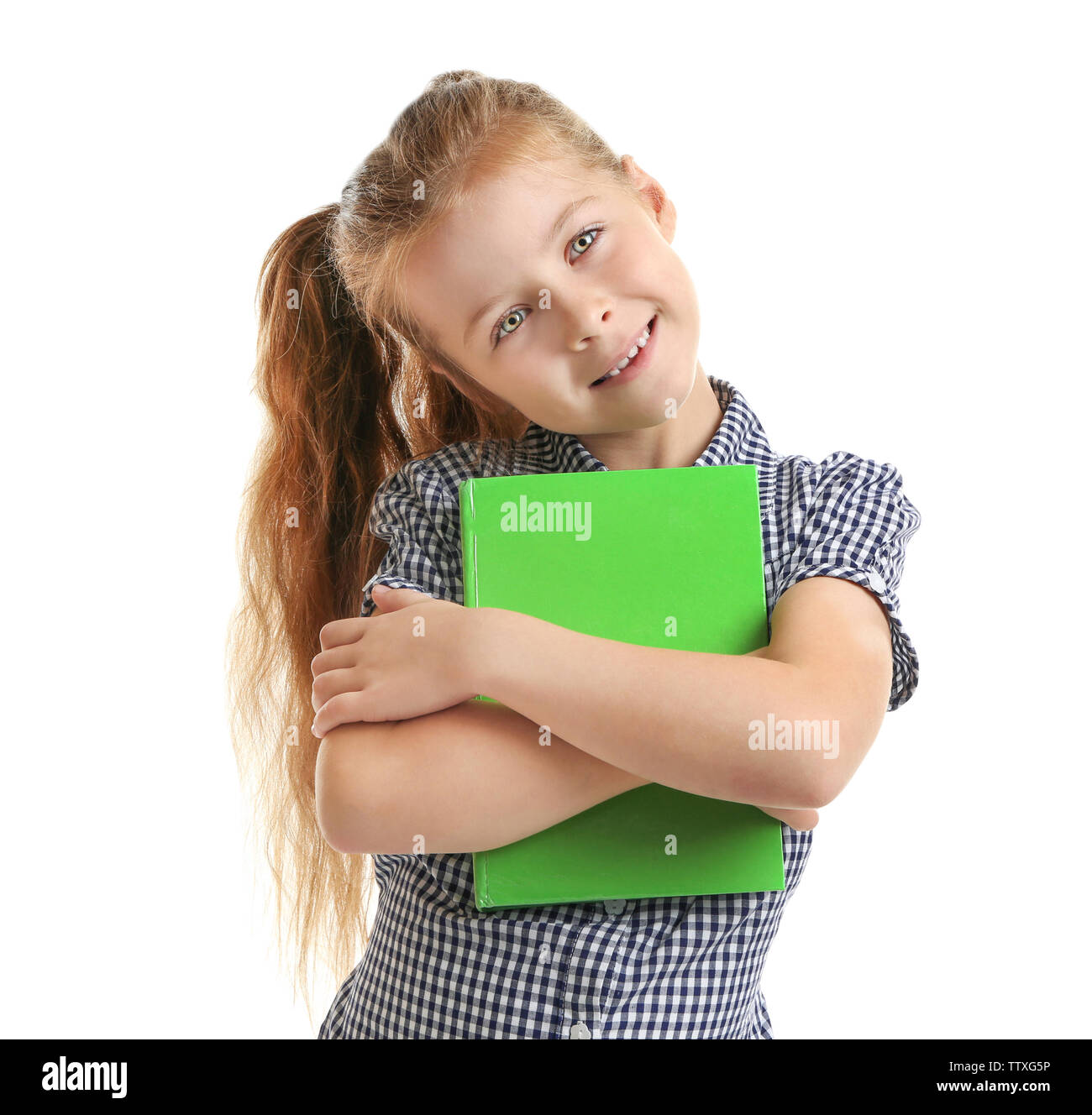 Cute little girl with green book on white background Stock Photo - Alamy