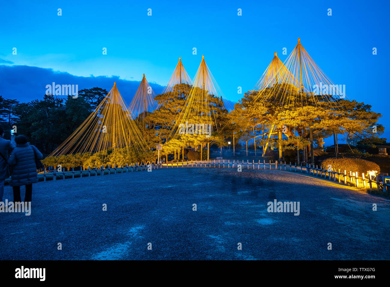 Kanazawa, Japan - February 14, 2019: Kenrokuen Garden at night in Kanazawa, Ishikawa Prefecture, Japan. Stock Photo