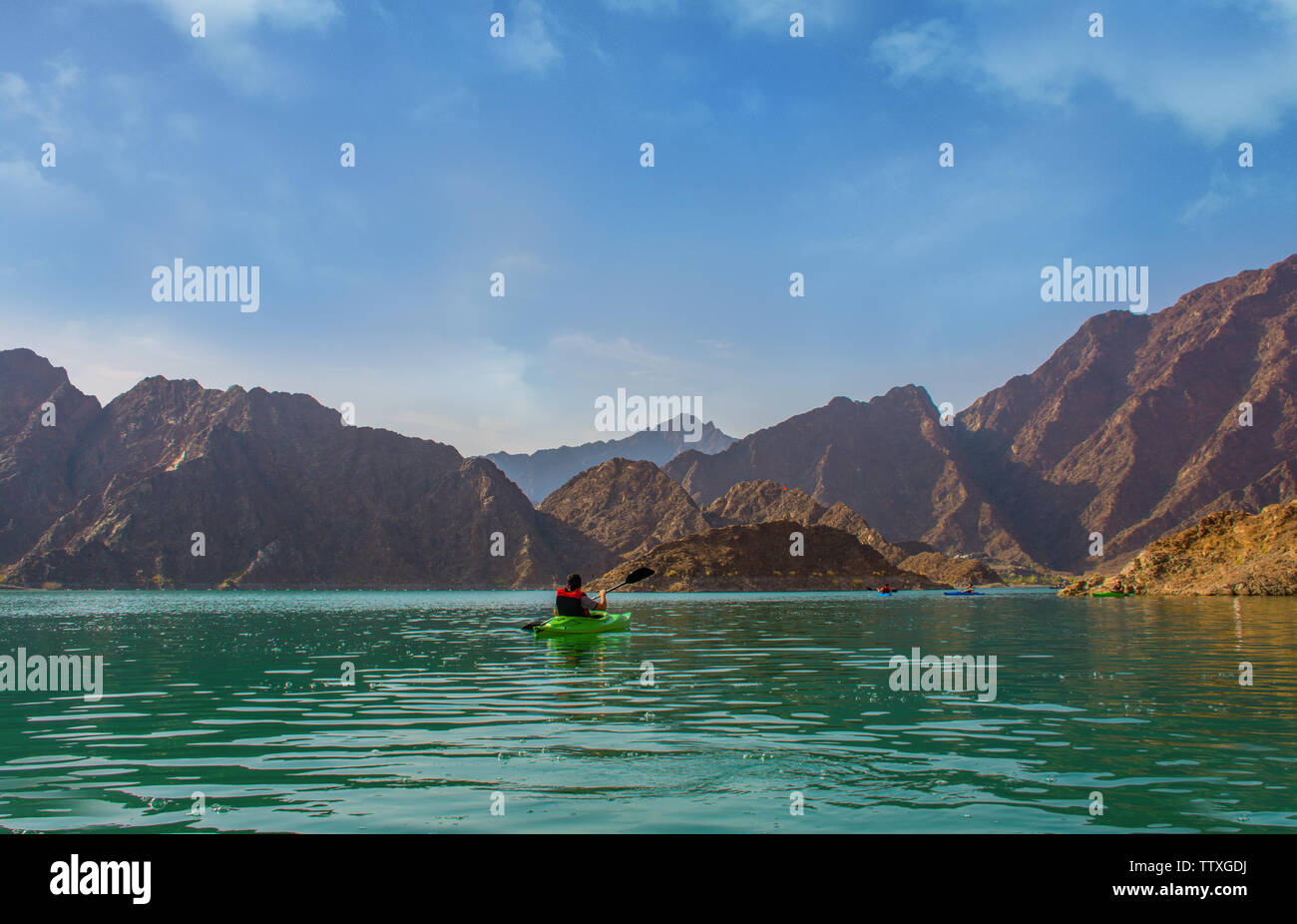 Hatta Water Dam Kayaking beautiful place for Water Adventure Activities famous tourist attraction of United Arab Emirates Stock Photo