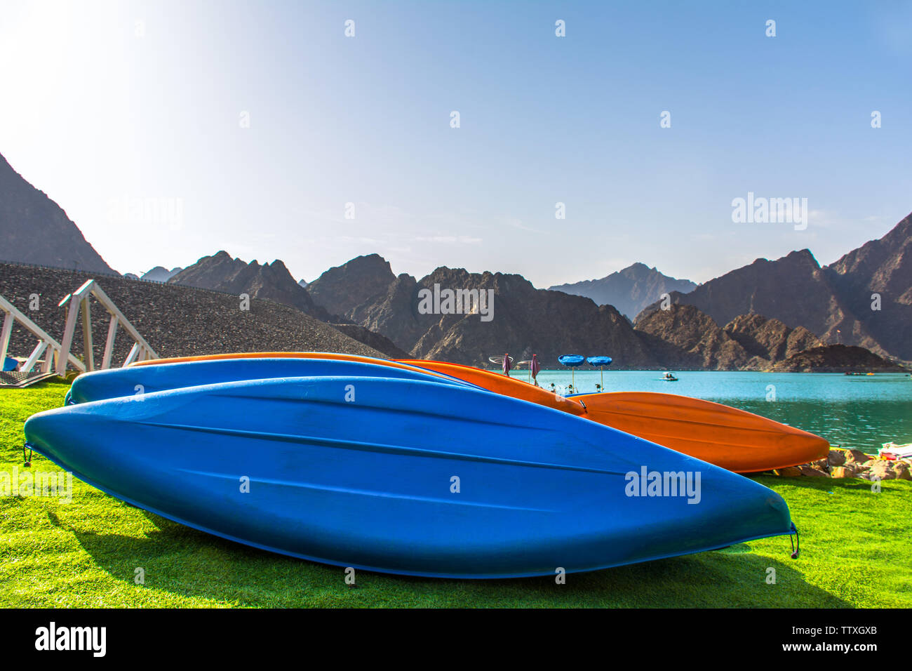 Best place to enjoy water adventure activities like kayaking boating amazing Hatta dam mountain scenery Stock Photo