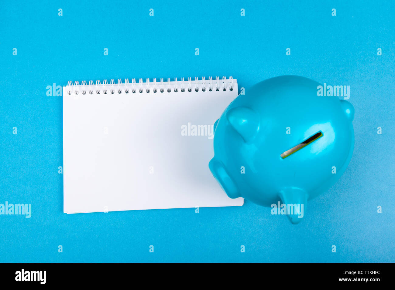 Top view of pink piggybank on blank white notebook Stock Photo