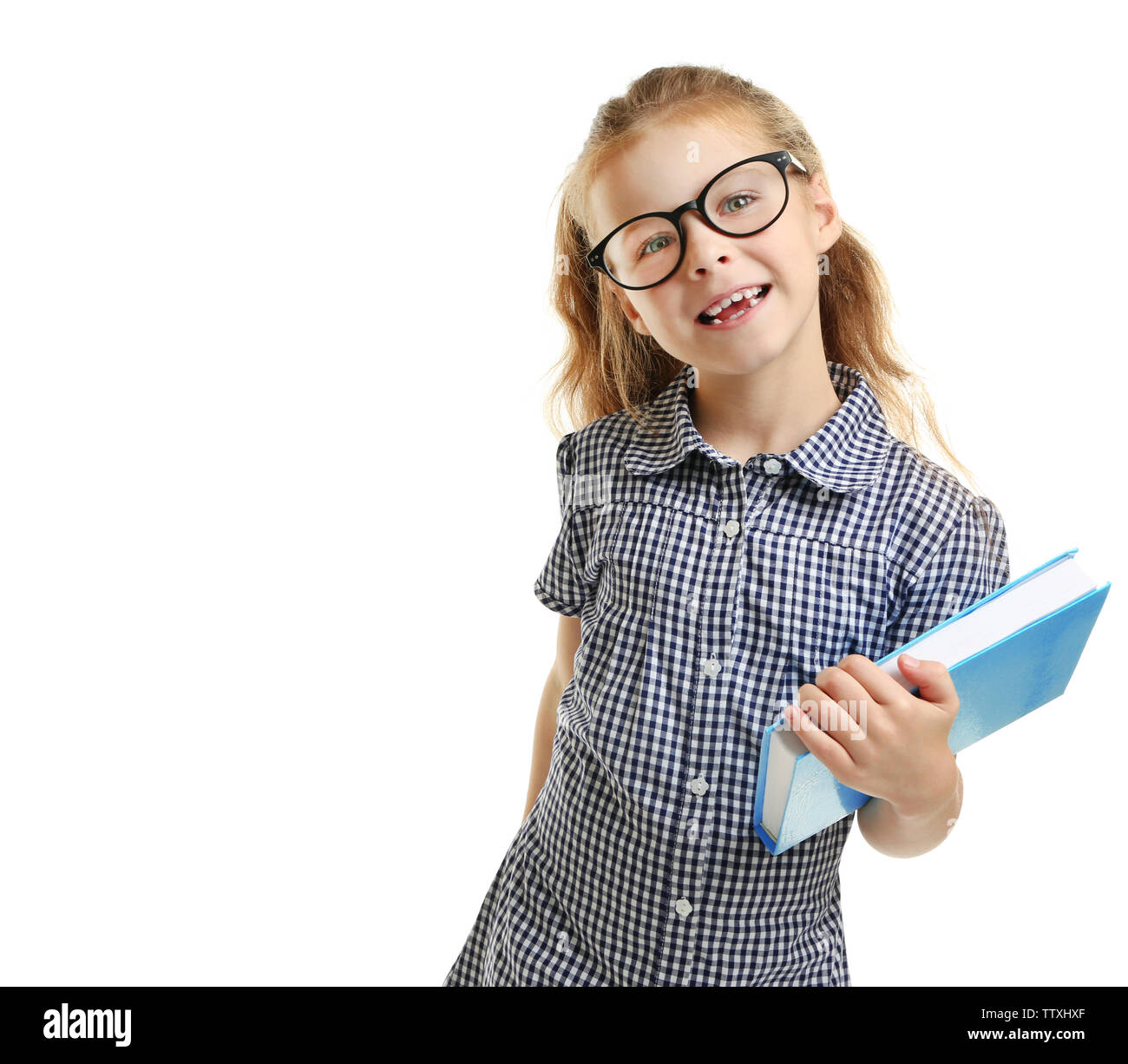 Cute girl with book on white background Stock Photo - Alamy