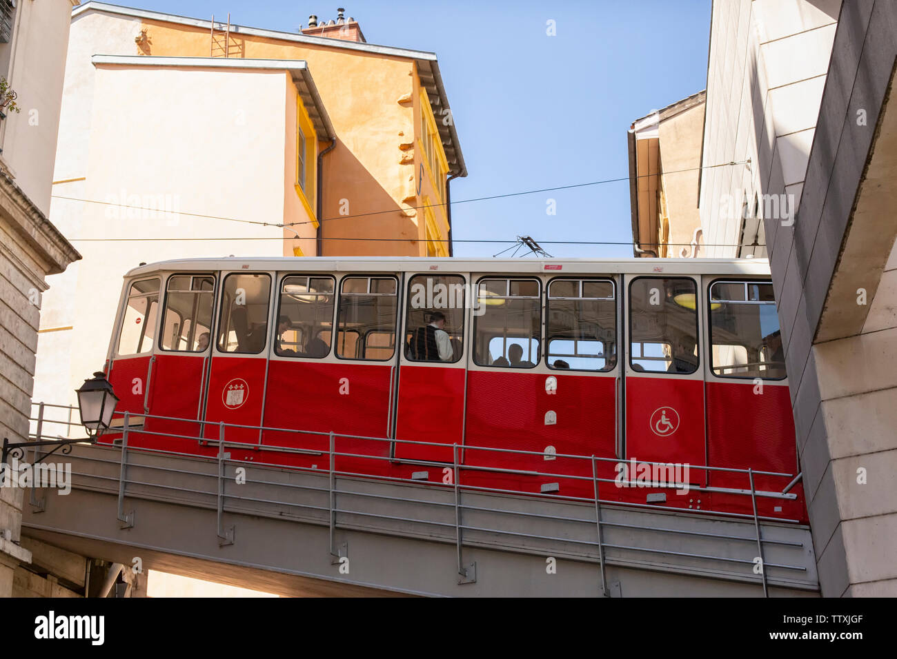 Funicular above a street in Old Lyon up the mountain in Lyon, France Stock Photo