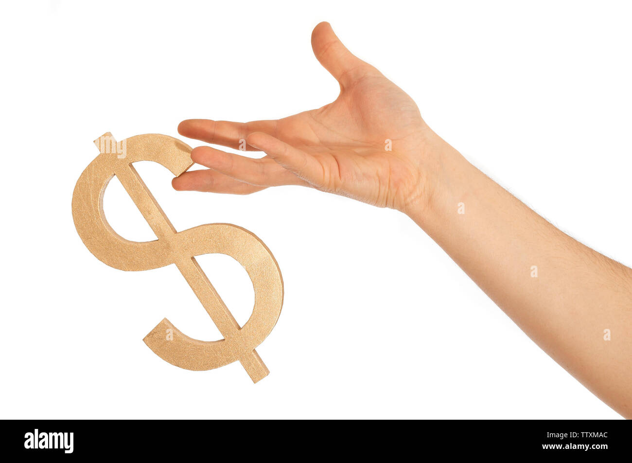 dollar sign is nearly falling from hand, on white Stock Photo