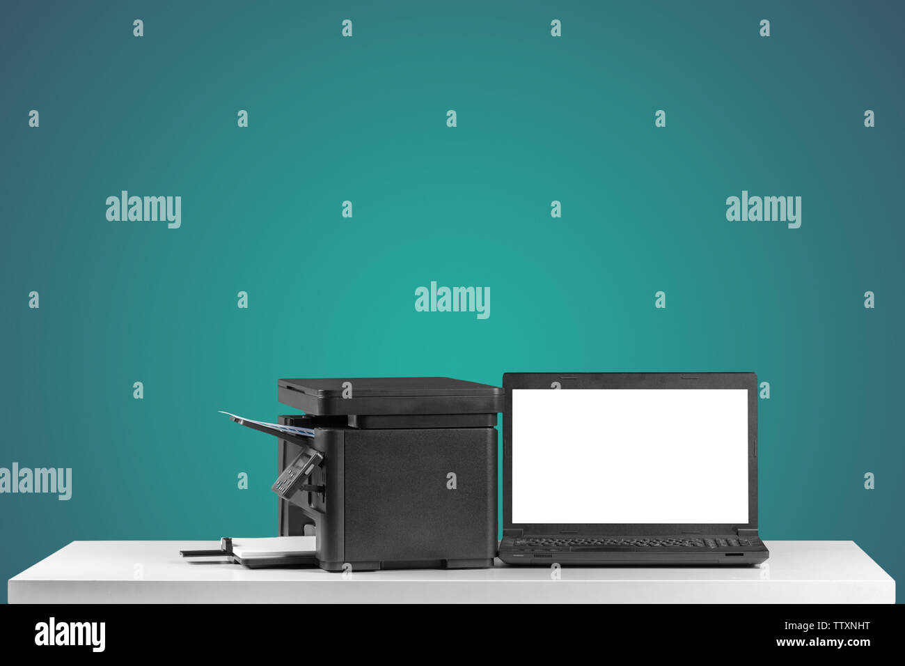 Printer and computer. Office table Stock Photo - Alamy